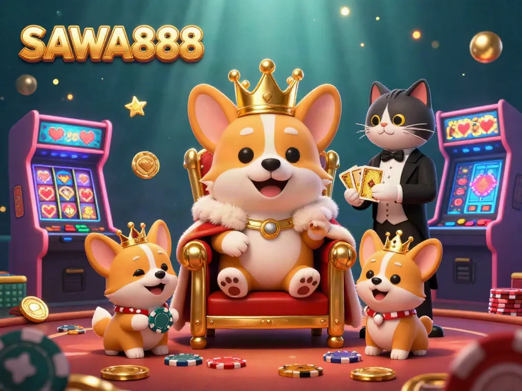 Engage with SAWA888's vibrant casino world featuring a royal corgi and arcade elements.