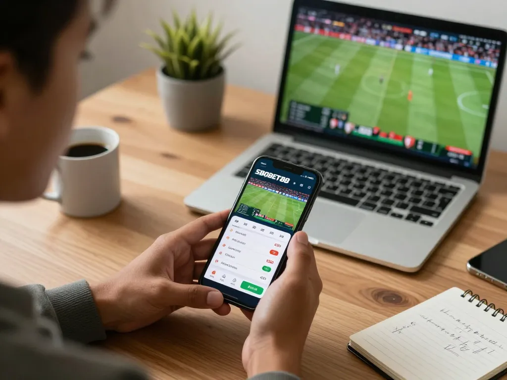 Aplikasi taruhan olahraga SBOBET88 yang sedang beraksi di smartphone dalam suasana kantor rumah yang nyaman, menyoroti permainan strategis.