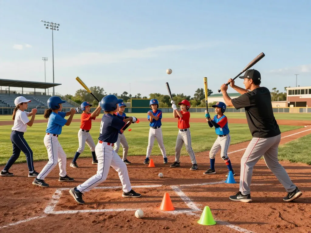hitclub youth baseball team practicing swings on sunny field