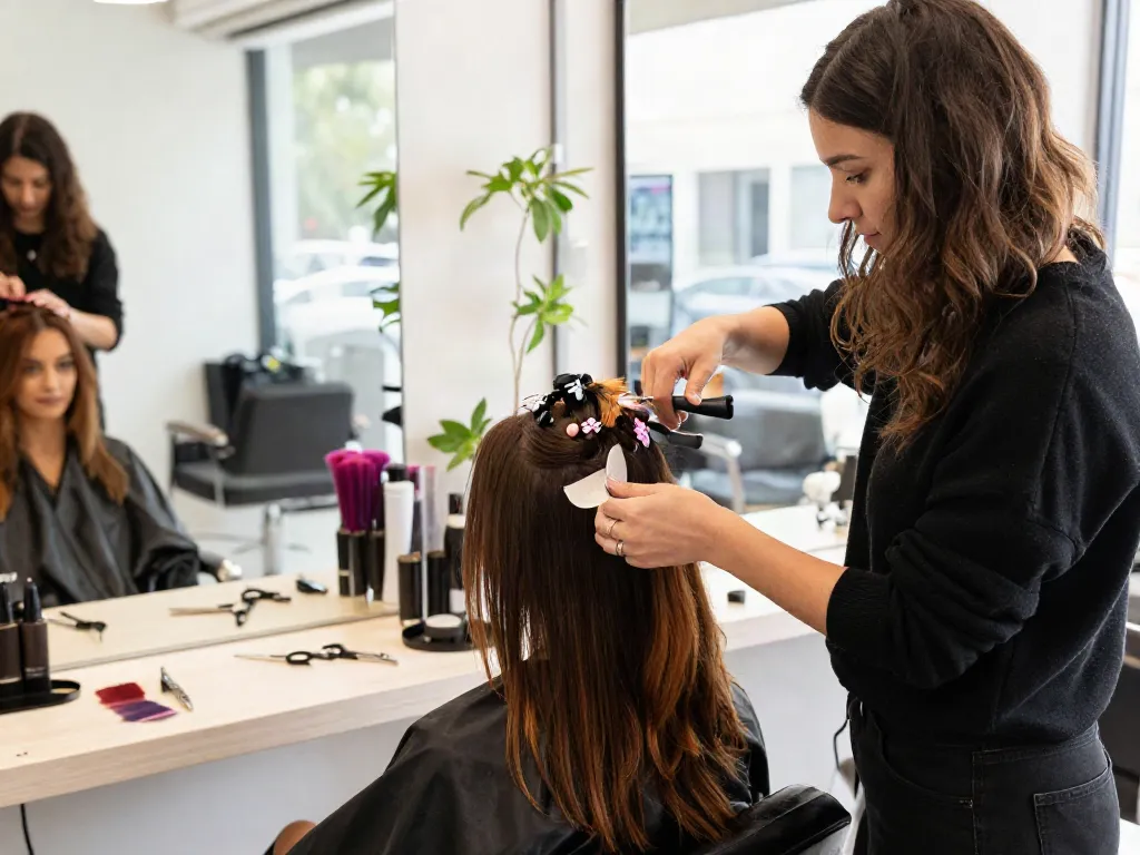Stylist applying thin tape in extensions on fine hair in a modern salon.