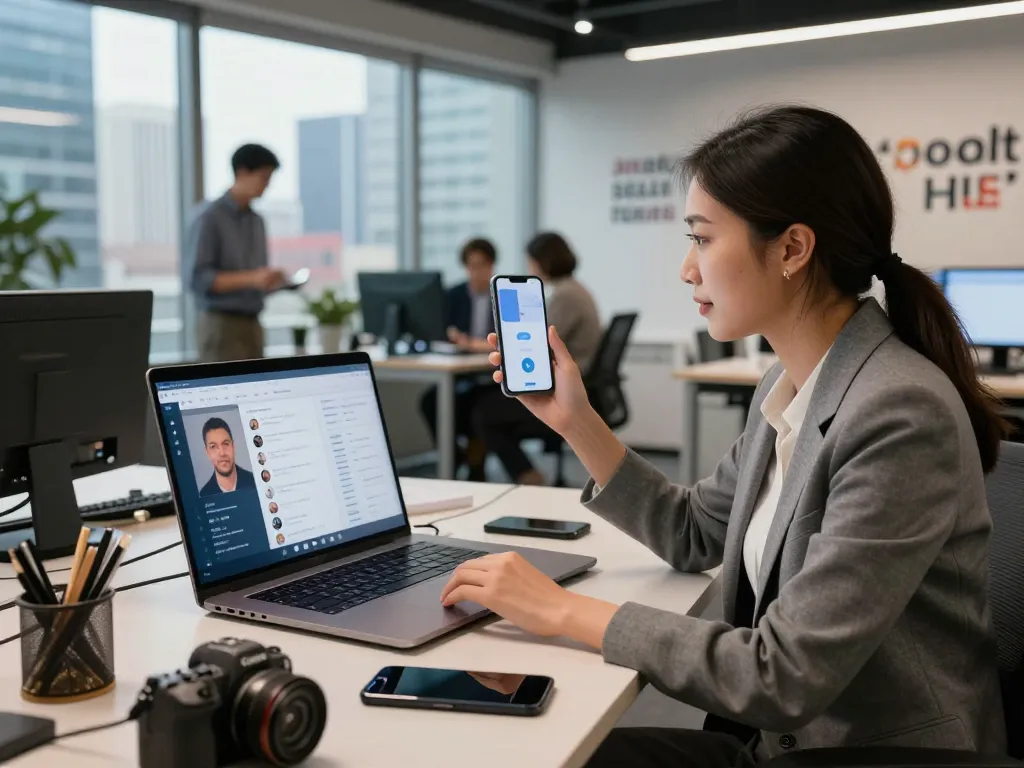 AI phone screening in a modern office with HR professional conducting interviews using digital tools.