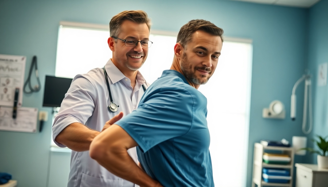 Demonstration of lower back pain treatment technique by healthcare professional in clinical setting.