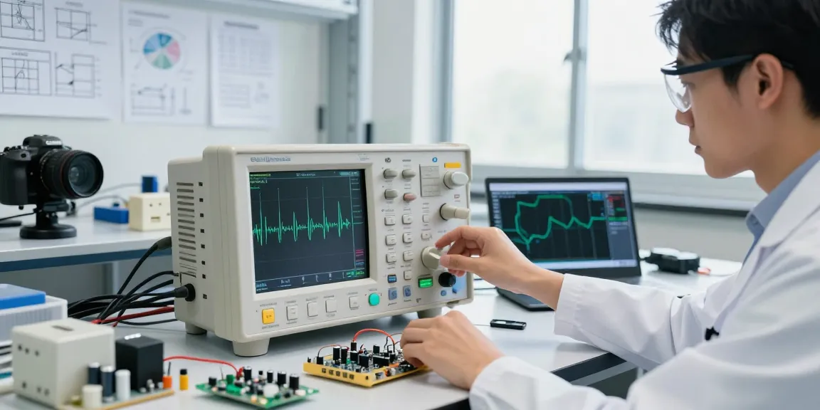Engineer using Digital Oscilloscope for precision testing in a tech lab.