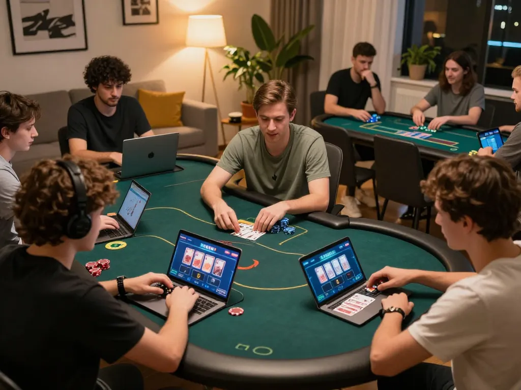 Players enjoy online poker at home using tablets and laptops while engaged in strategic gameplay with FC88.