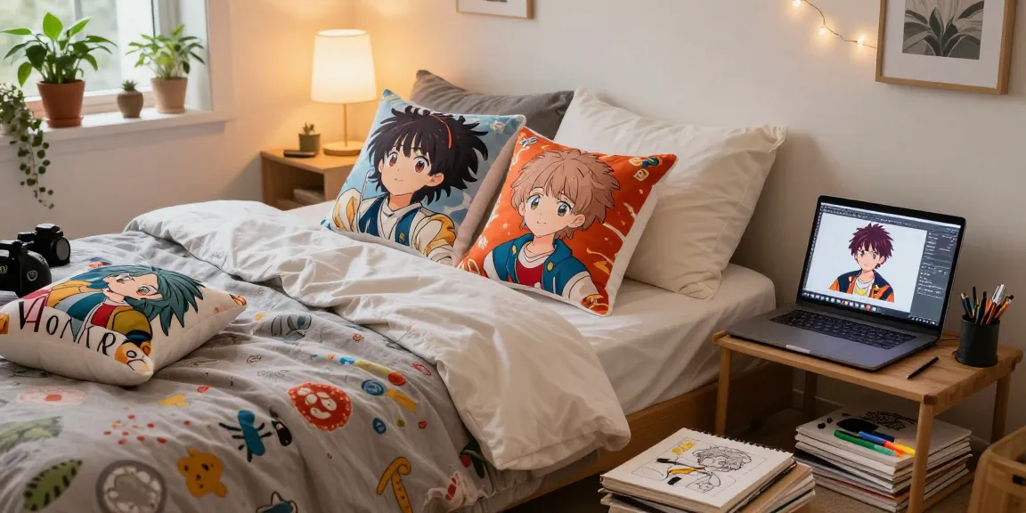 Custom body pillow collection in a cozy bedroom setting with warm lighting and personal designs.