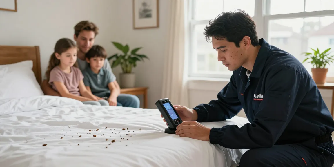 Effective bed bug treatment in a Milwaukee home with a professional exterminator inspecting a bed.
