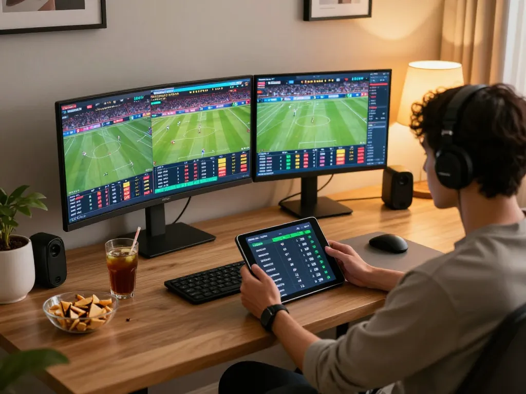 Tỷ lệ kèo nhà cái hôm nay as person engages in online sports betting from a stylish home office