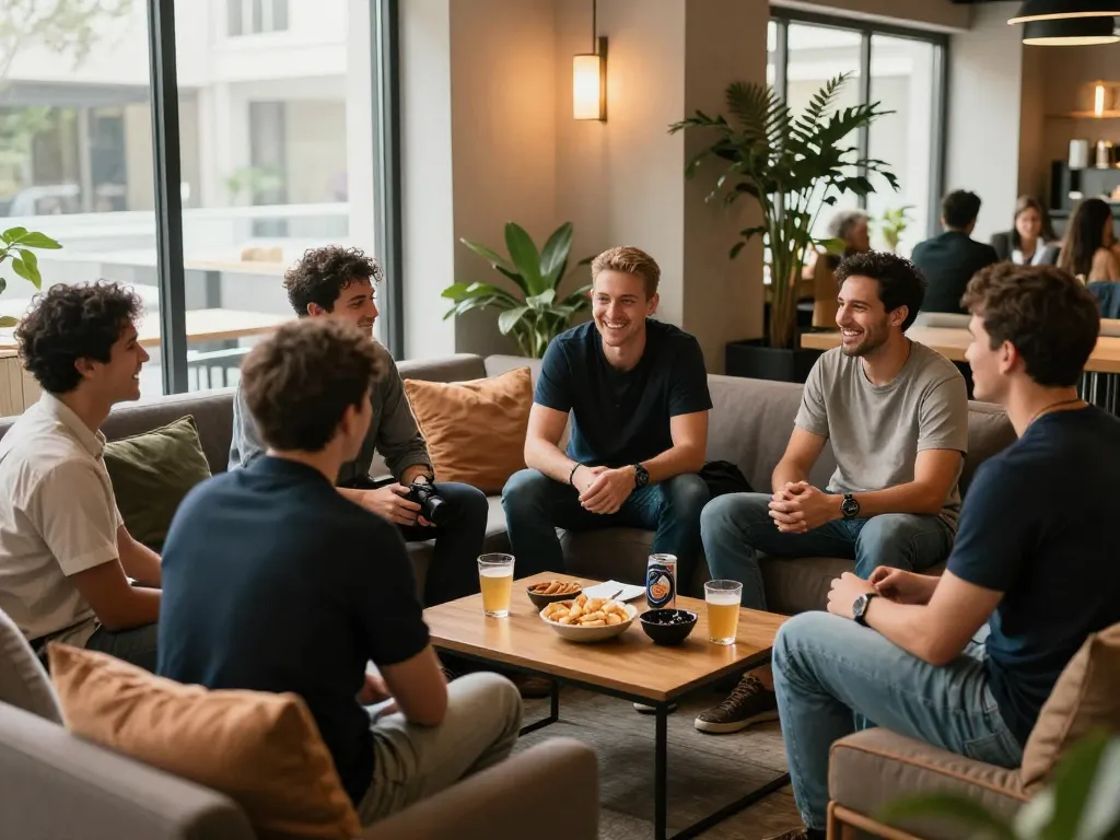 Men connecting and sharing experiences in a welcoming man club atmosphere.