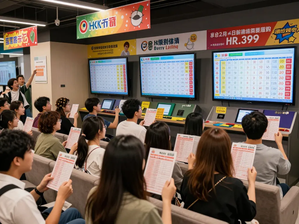 Pemain merayakan kemenangan terbaru sambil memeriksa hasil tiket HK Lotto, suasana lotere modern yang penuh warna.