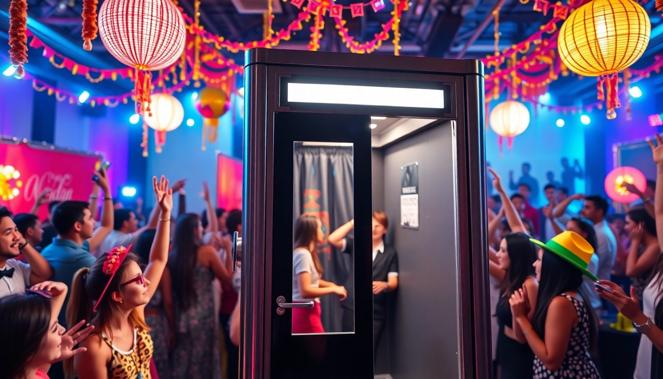 Capture joyful moments at a photo booth rental with vibrant decorations and energetic guests.