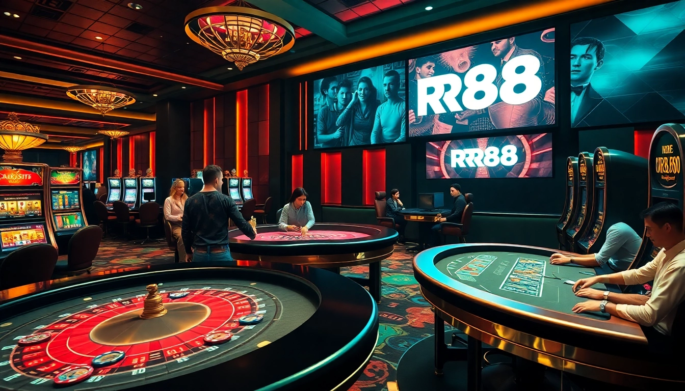 Engaging casino scene featuring RR88 with vibrant tables, chips, and excitement.