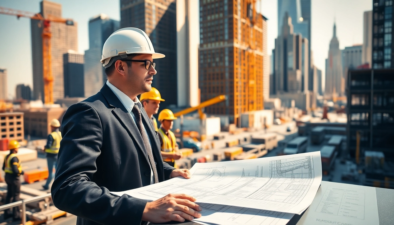 New York Construction Manager supervising a dynamic construction site with workers and equipment.