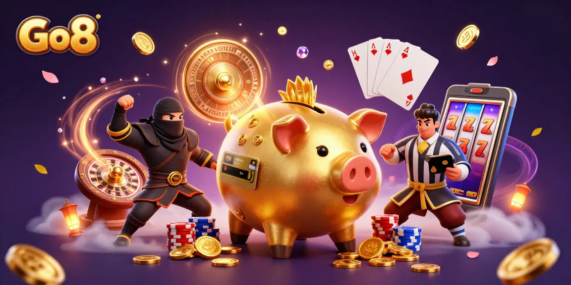 Experience Go8 with a lively 3D casino scene featuring a golden piggy bank wrestler, coins, and jewels.