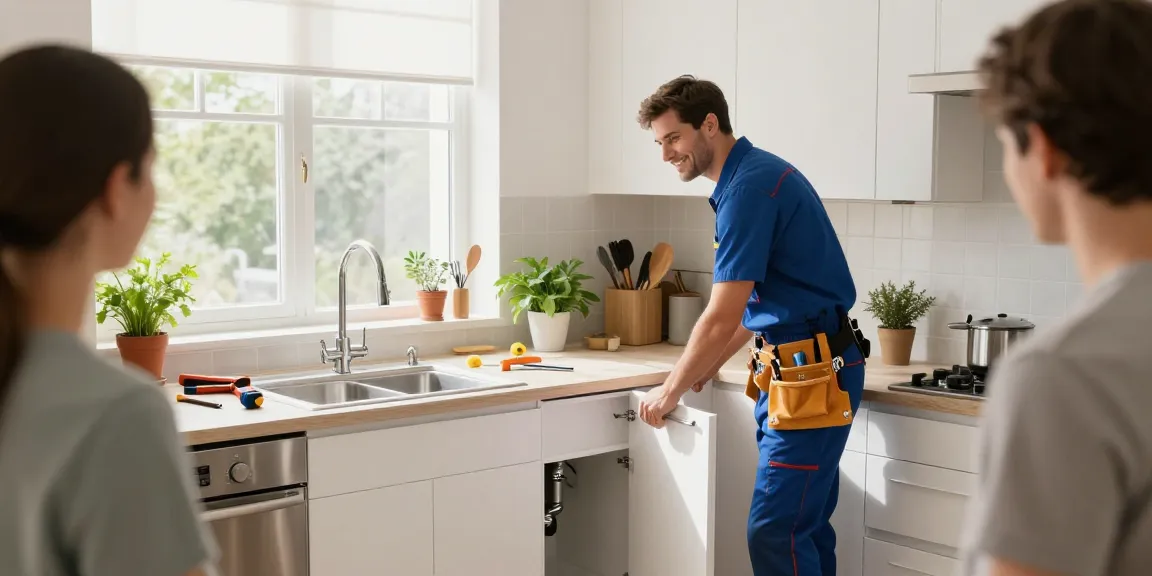 Expert plumbers in singapore installing a kitchen sink cabinet with tools and natural light