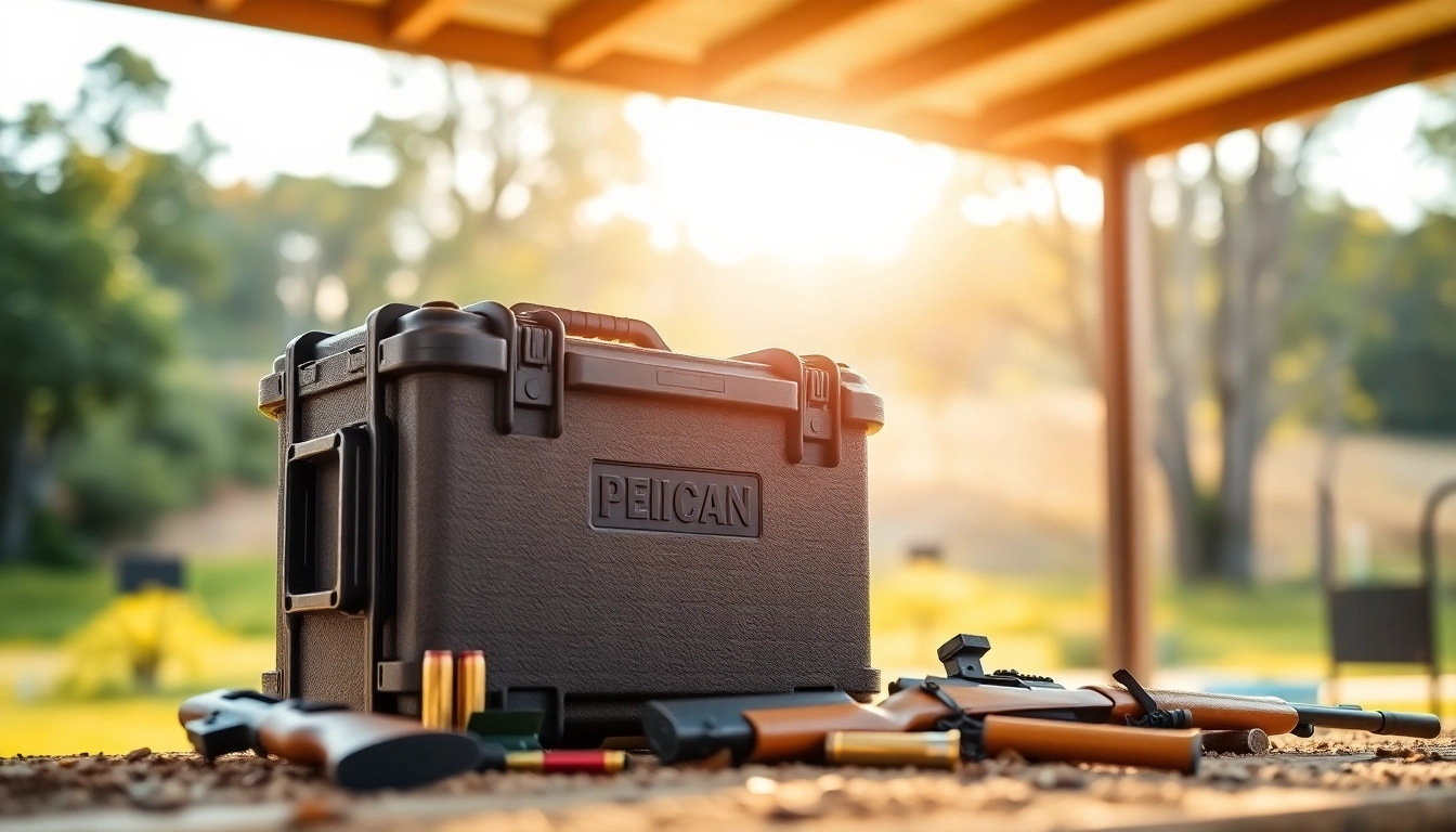 Showcasing a Pelican gun case for sale with attached accessories in a vibrant outdoor range setting.