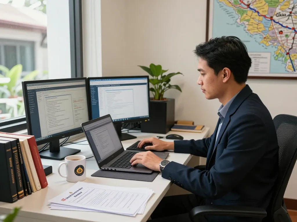Translation Services in Chiang Mai office scene with professional translator at work, highlighting certified documents.