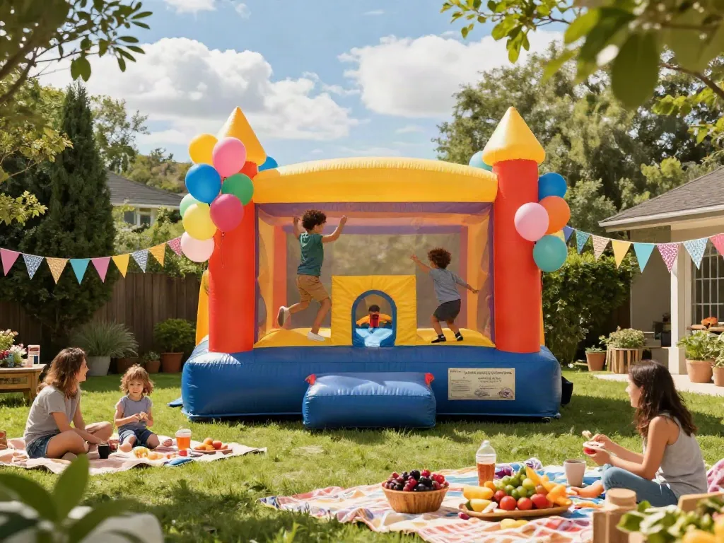Bounce house for sale at a vibrant outdoor party, children playing joyfully.