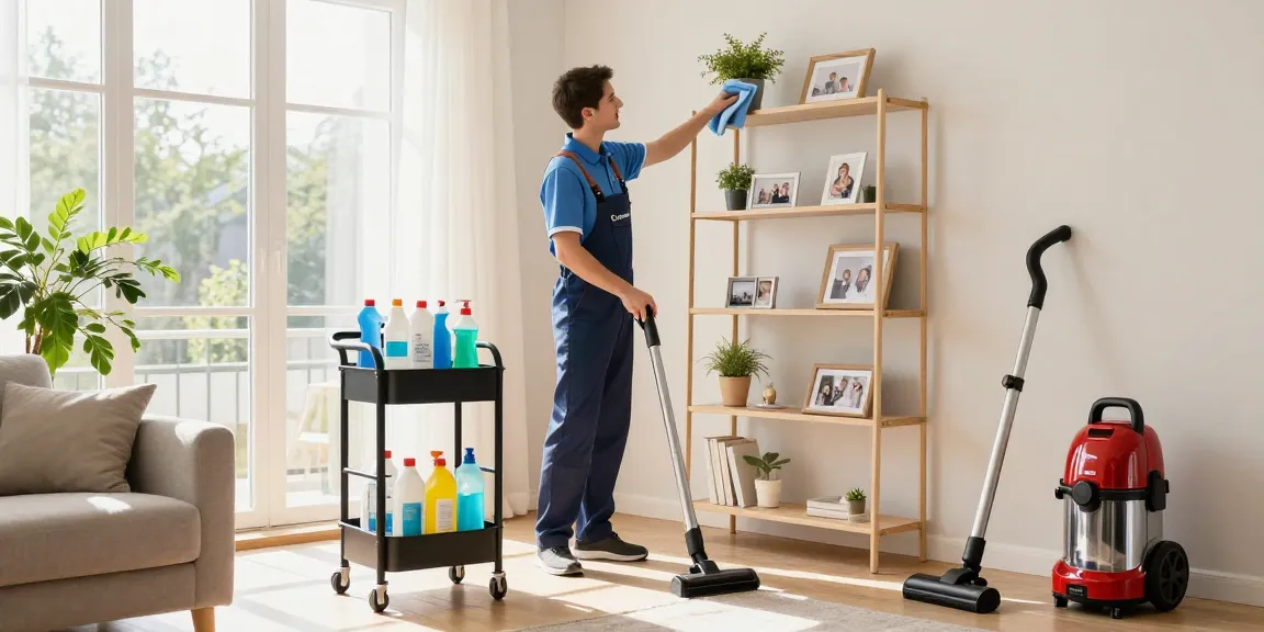 Professional cleaner performing reinigungen in a bright living room with sunlight.
