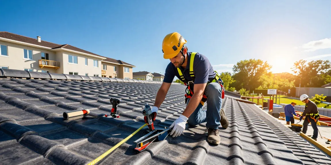 Expert roofer inspecting new tiles for entreprise de toiture à seraing, showcasing professional craftsmanship and safety