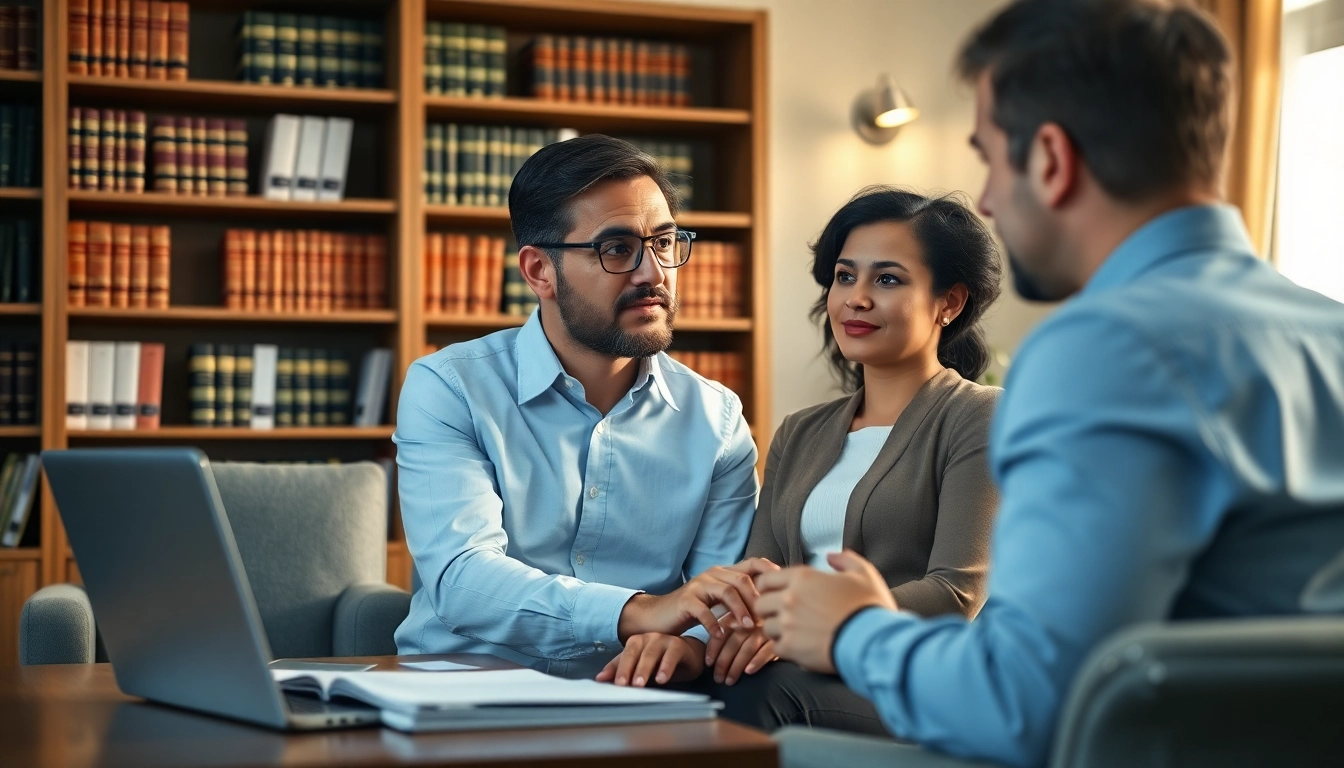 Legal advisor assisting clients with probate tasks at a modern office desk.
