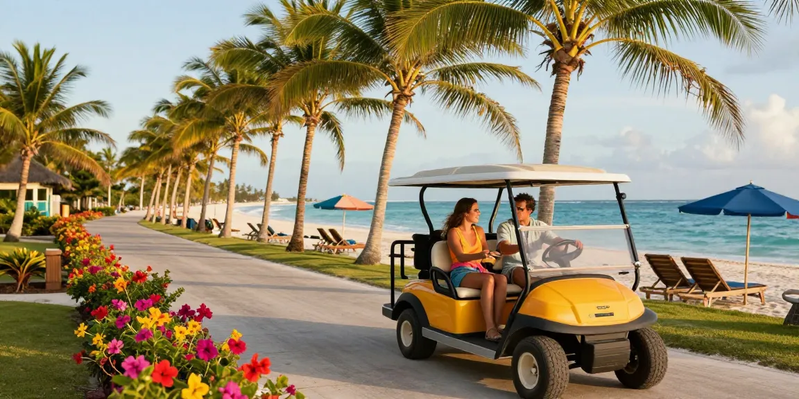 Golf cart rental San Pedro Belize with couple enjoying scenic ride along the beach at sunset.