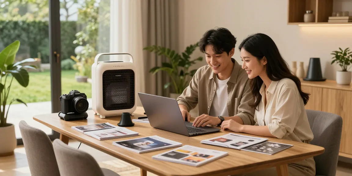 Couple exploring heating solutions on their laptop from izba24.by in a cozy home setting.