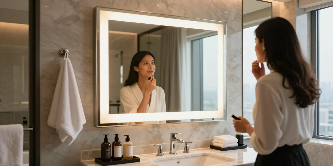 Stylish hotel bathroom mirror with LED lighting, showcasing a guest in front of the illuminated hotel bathroom mirror 2. led mirror manufacturer.