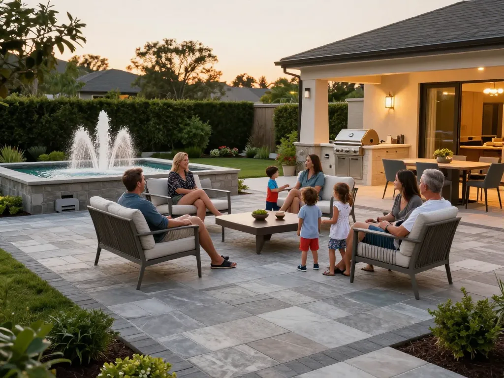 Paver contractors near me transforming an outdoor space into a luxurious gathering area with a stylish patio, water feature, and ambient lighting.