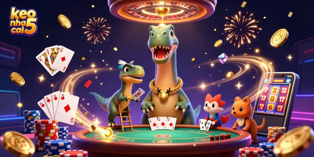 Engage with keo nha cai 5 in a vibrant scene with a dinosaur and raptor at a casino.