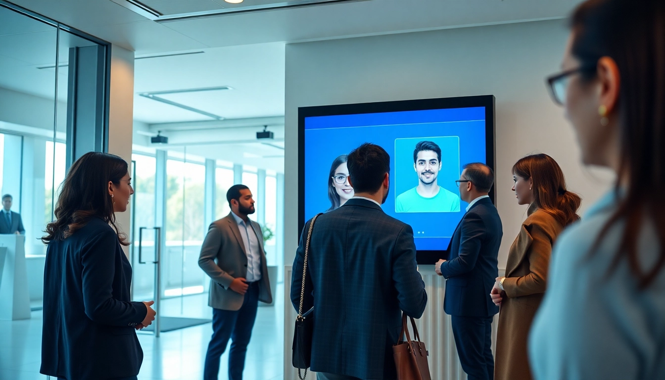 Employee attendance with facial recognition system at a modern office entrance