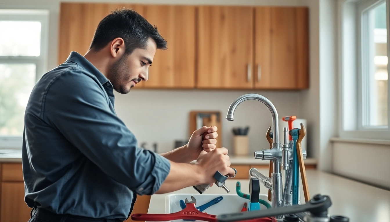 Plumber near me fixing a sink in a bright kitchen with various plumbing tools.