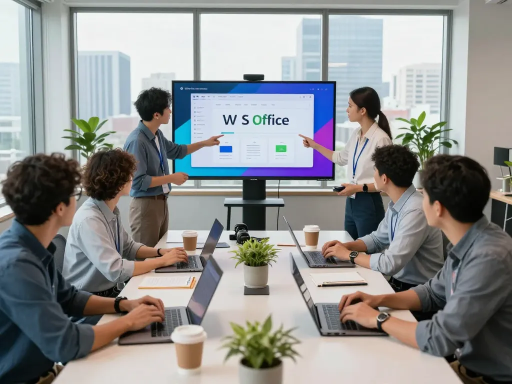 Team collaborating on WPS Office features in a modern workspace.