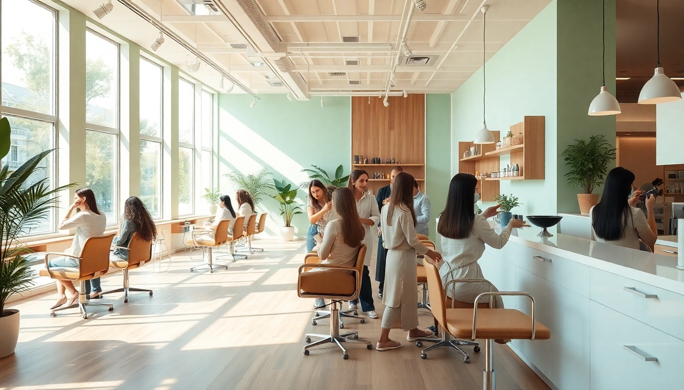 Hairdresser near me image showcasing a modern, inviting salon interior with stylists and clients.