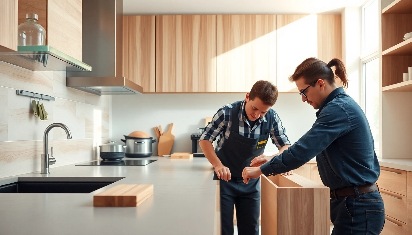 Kitchen fitters near me expertly assembling cabinetry in a bright, modern kitchen.