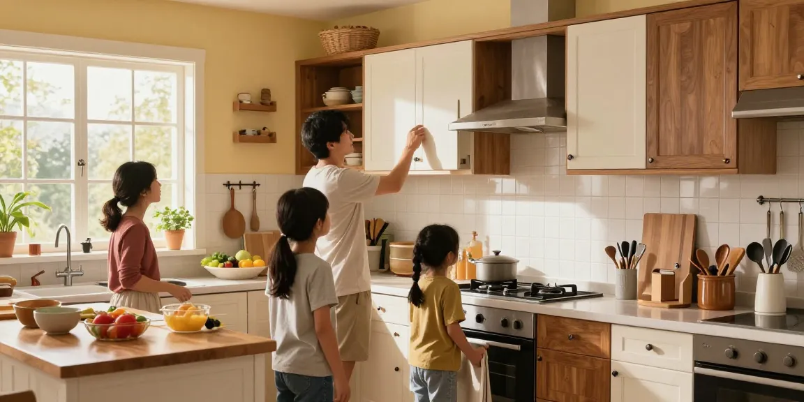 Engaging scene of a family inspecting a used kitchen for purchase in Riyadh, highlighting quality and usability.