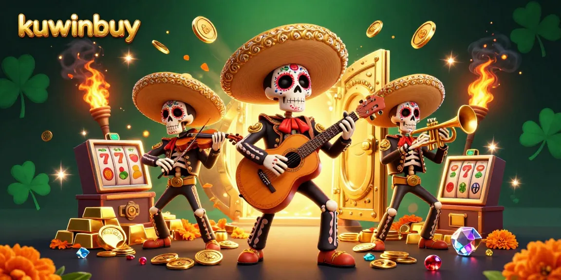 Engage with kuwinbuy in this vibrant 3D illustration of a skeleton mariachi band surrounded by dynamic slot machines and gold treasures.