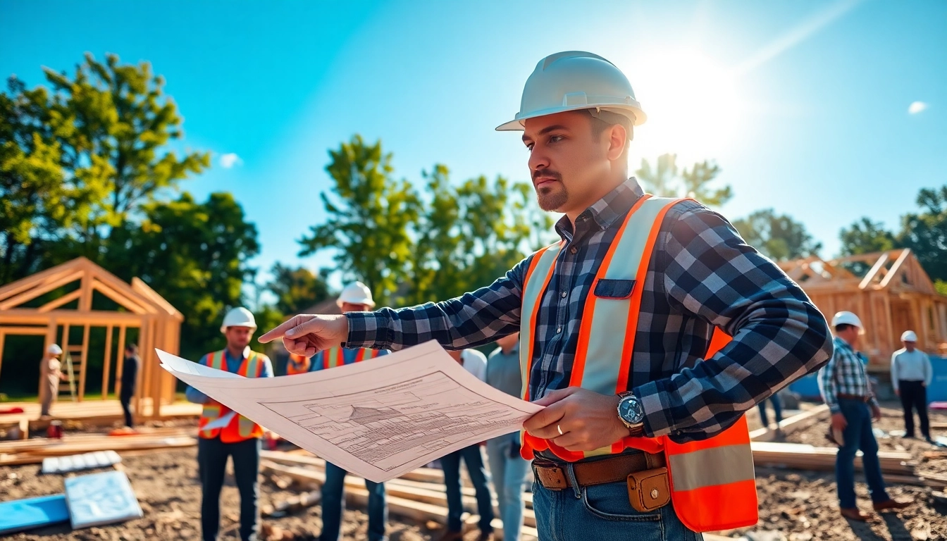 New Jersey General Contractor managing a vibrant construction project with teamwork and architectural plans visible.