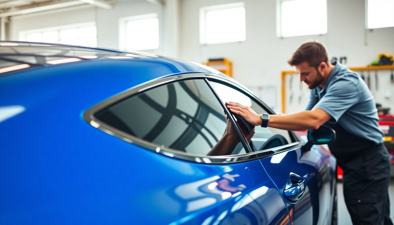 Apply ceramic window tint for enhanced vehicle aesthetics and protection in a professional workshop.