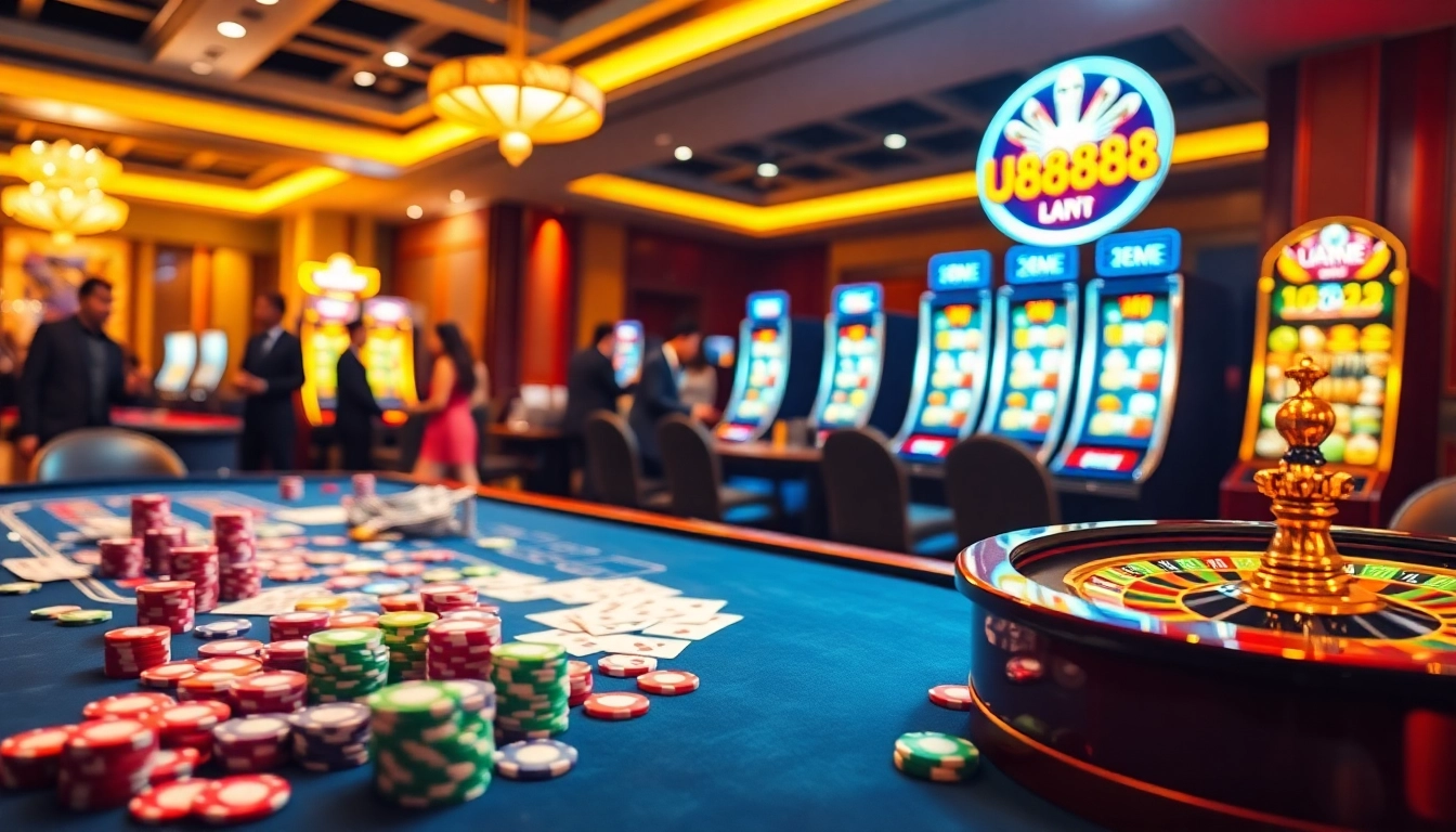Experience the excitement of U8888 at a luxurious casino table with poker chips, cards, and roulette.