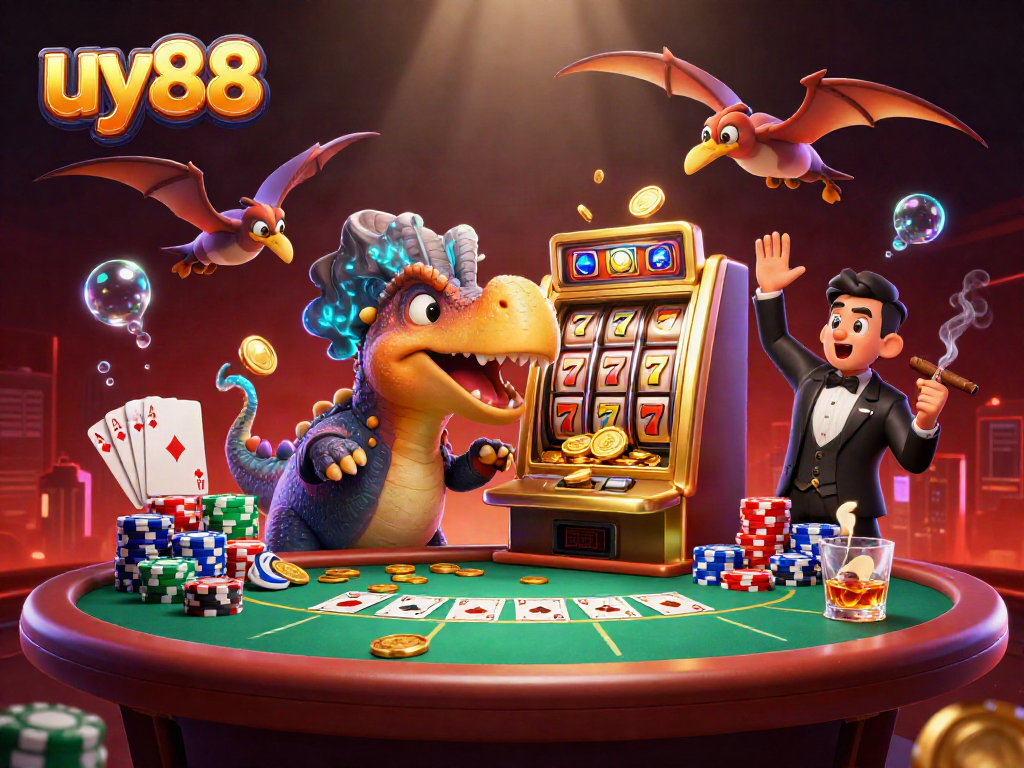 Experience excitement with uy88 as a pachycephalosaurus wins jackpots, surrounded by dynamic casino elements.