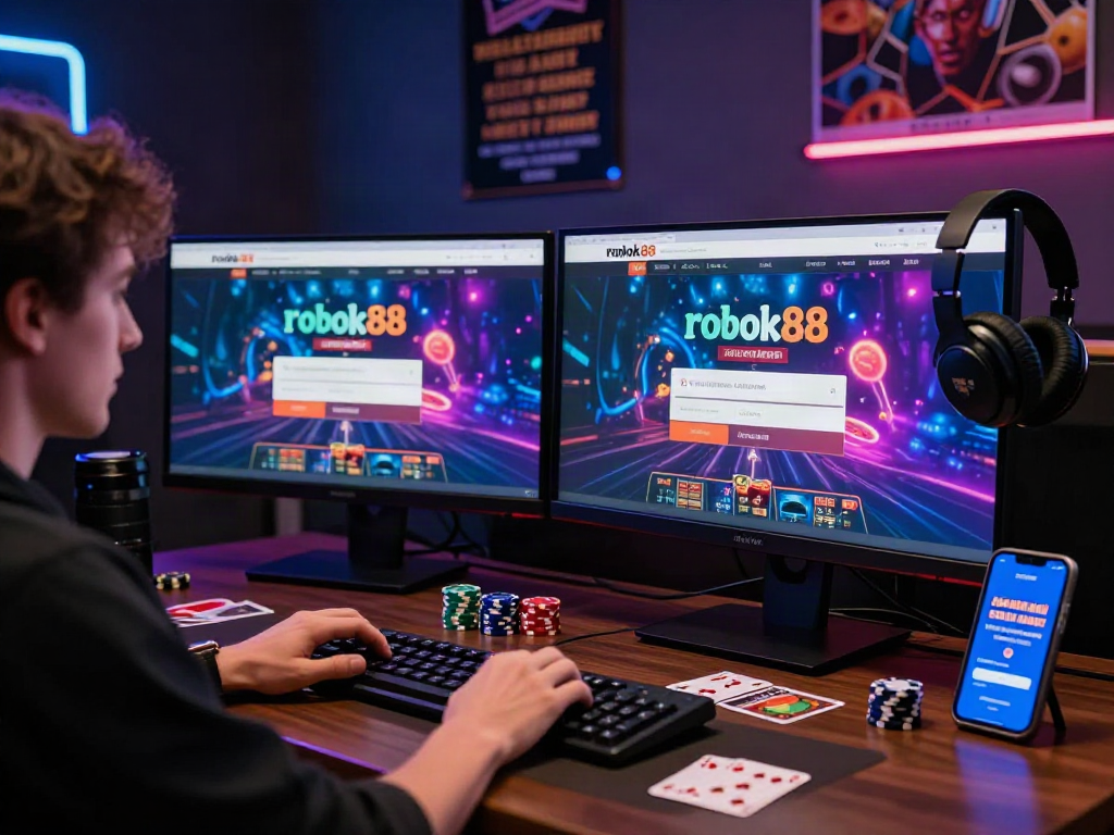 Engaging scene of a user preparing to access rokok88 link login on dual monitors, vibrant gaming atmosphere.