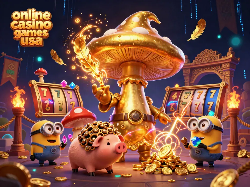 Experience dynamic online casino games usa featuring a magical golden wizard, treasure pig, and vibrant gaming elements.