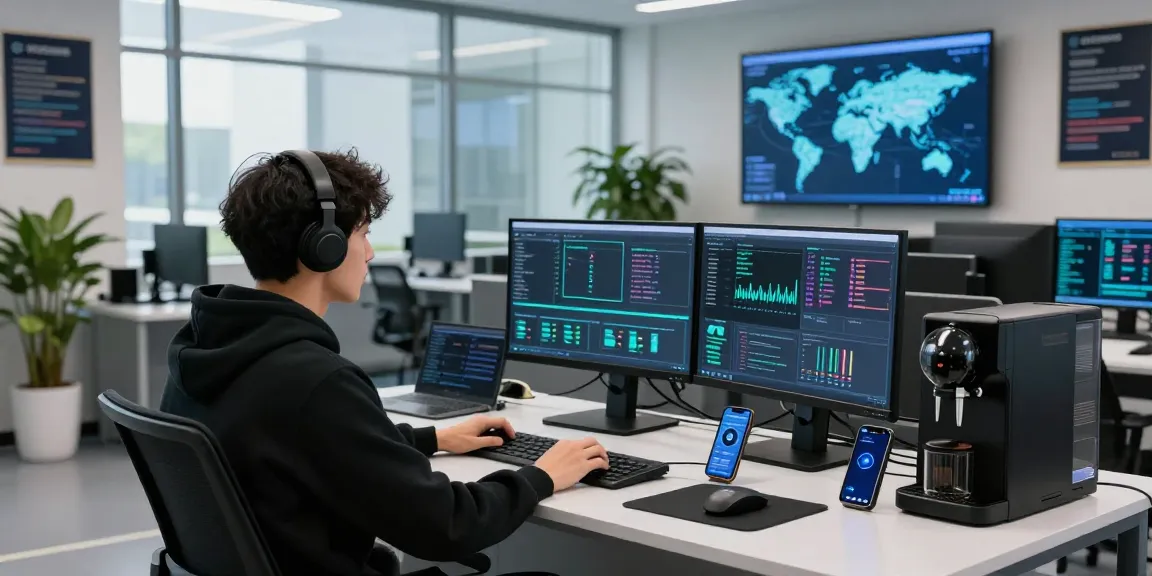 Cybersecurity analyst monitoring malware protection software in a high-tech operations center.