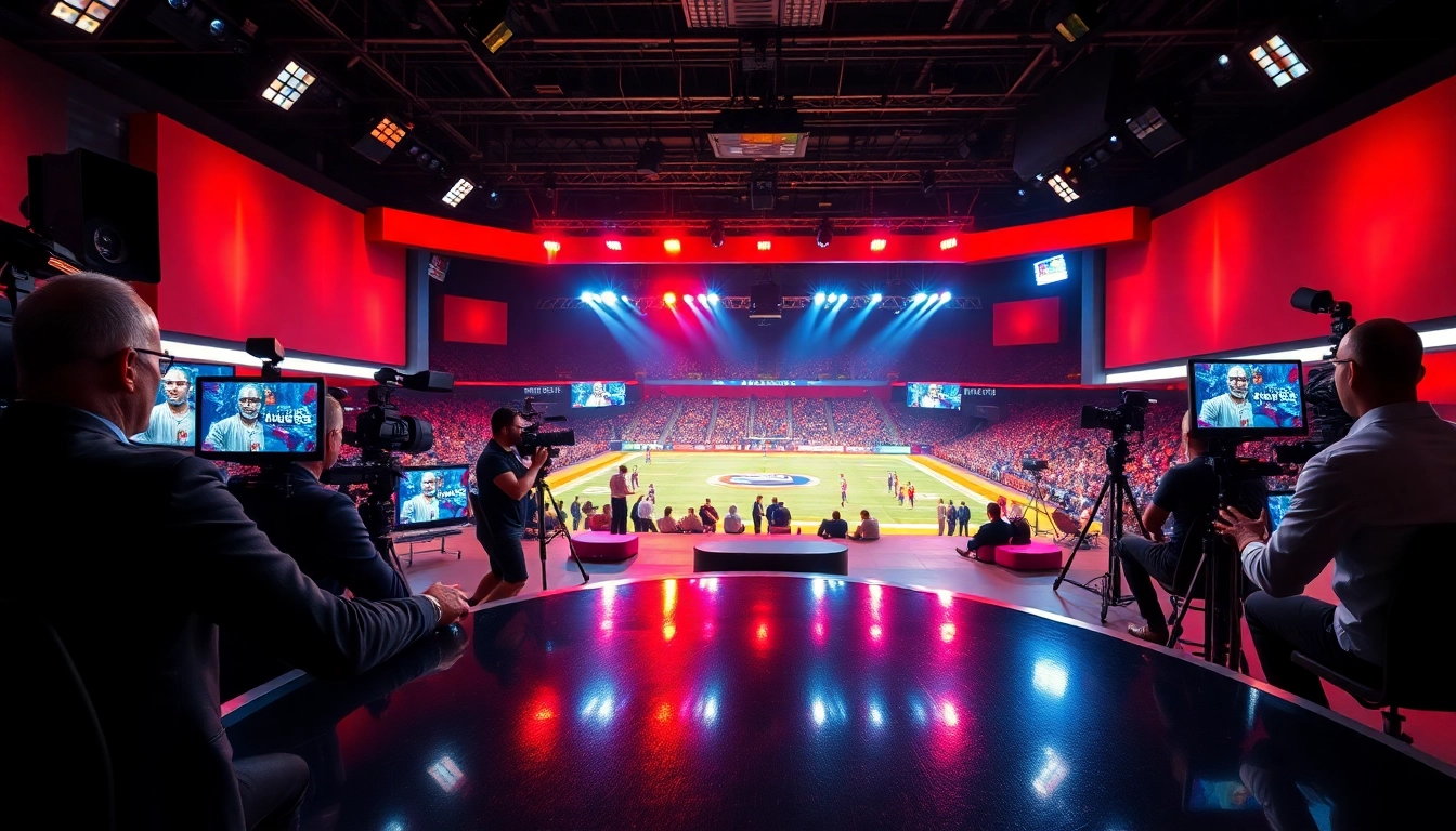 Captivating sports broadcasting studio with dynamic hosts and vibrant atmosphere.