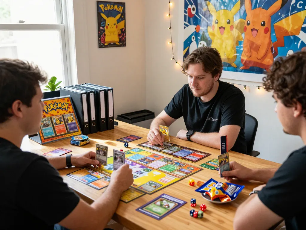 Engaging Pokémon TCG Database environment with players enjoying card games and vibrant Pokémon cards.