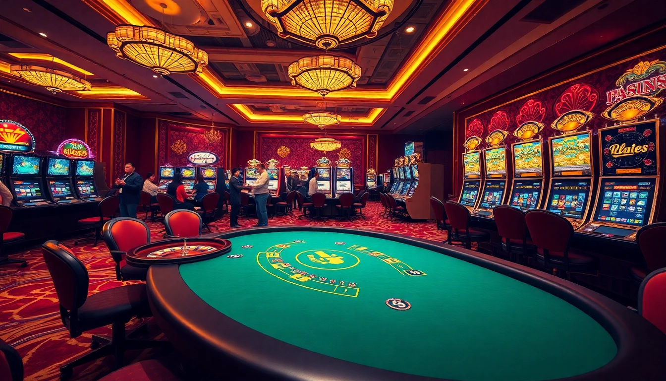 Players enjoying the thrill of gambling at https://rr88c.mobi/ with a lively casino atmosphere, featuring poker and slot machines.