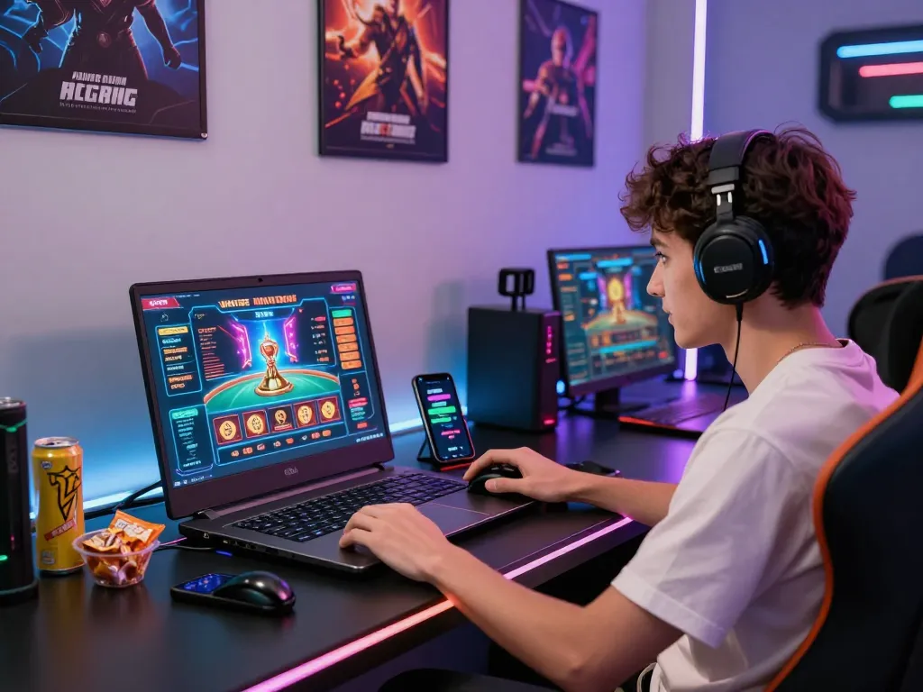 Exciting gaming setup featuring sun win on laptop with colorful virtual interface and enthusiastic player.