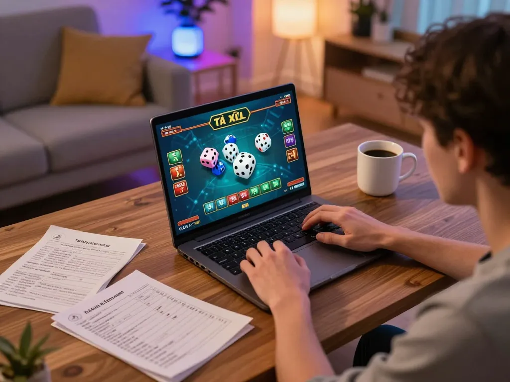 Engaging online gaming scene at taixiuonline.za.com, showcasing a player focused on Tài Xỉu with strategic notes.