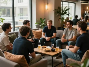 Men connecting and sharing experiences in a welcoming man club atmosphere.