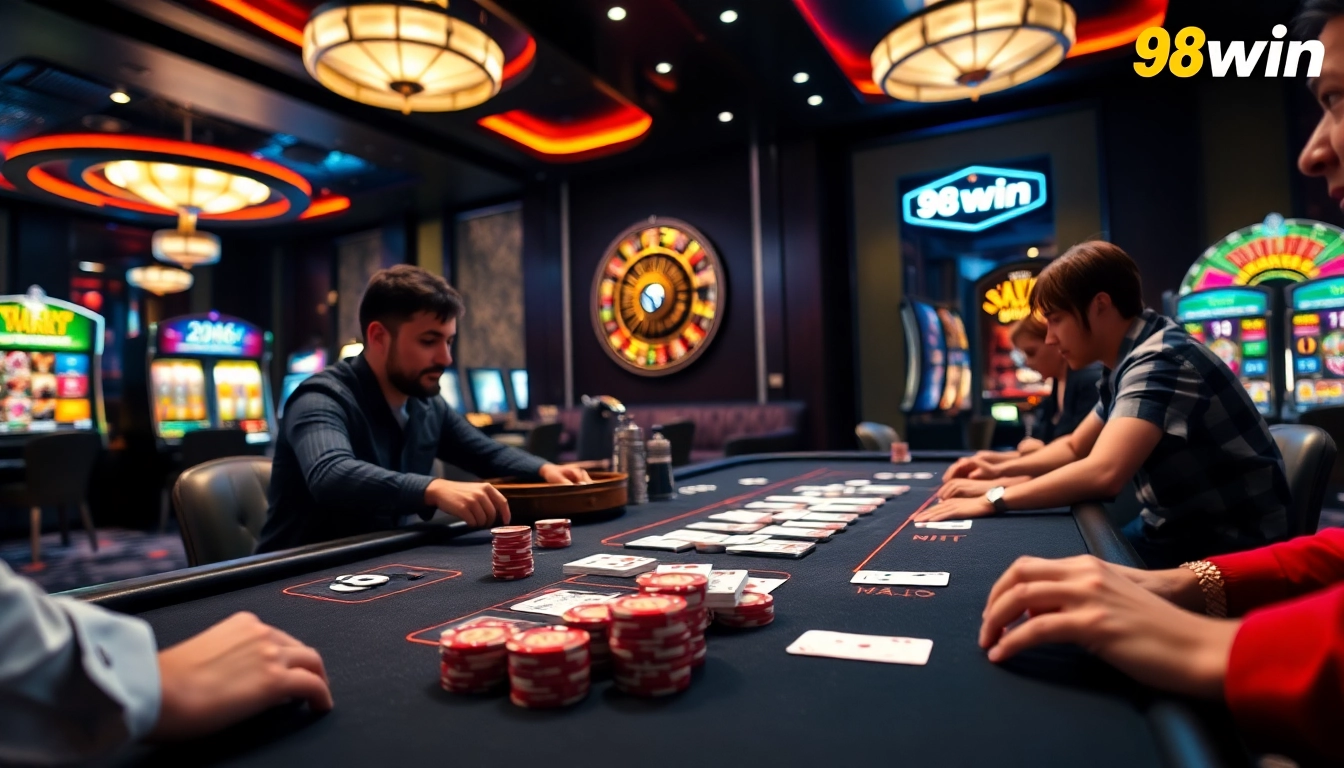 Experience excitement with 98win at a vibrant casino table featuring poker and roulette.